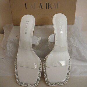 Lala Ikai Women's White Clear Strap Rhinestone Trim Sandals Mules-US 7.5, EUR 38